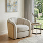 34" Off White and Natural Fabric Wood And Rattan Swivel Arm Chair