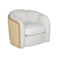 34" Off White and Natural Fabric Wood And Rattan Swivel Arm Chair
