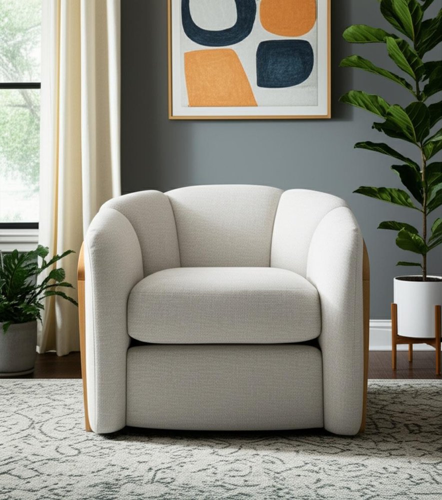 34" Off White and Natural Fabric Wood And Rattan Swivel Arm Chair