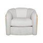 34" Off White and Natural Fabric Wood And Rattan Swivel Arm Chair