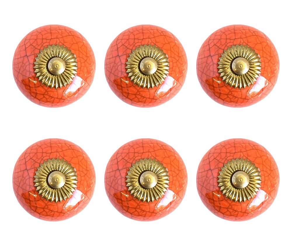 Set of Six Coral And Gold Ceramic Drawer Pull Knobs