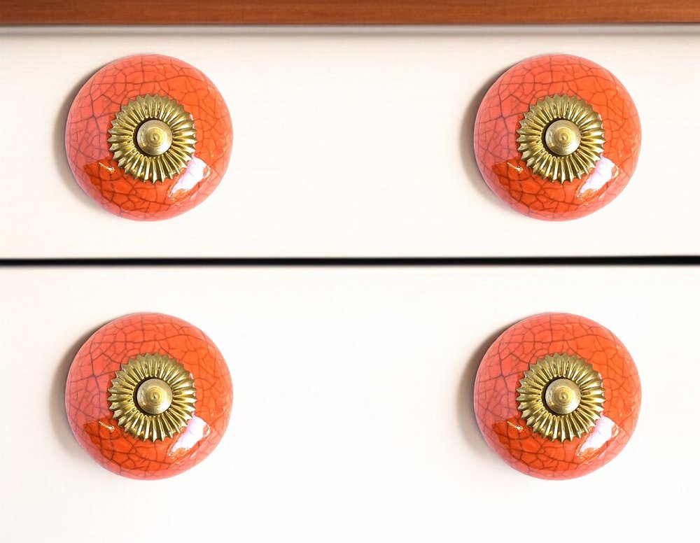 Set of Six Coral And Gold Ceramic Drawer Pull Knobs