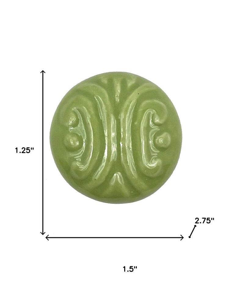 Set of Six Green Mushroom Knob Embossed Ceramic Drawer Pull Knobs