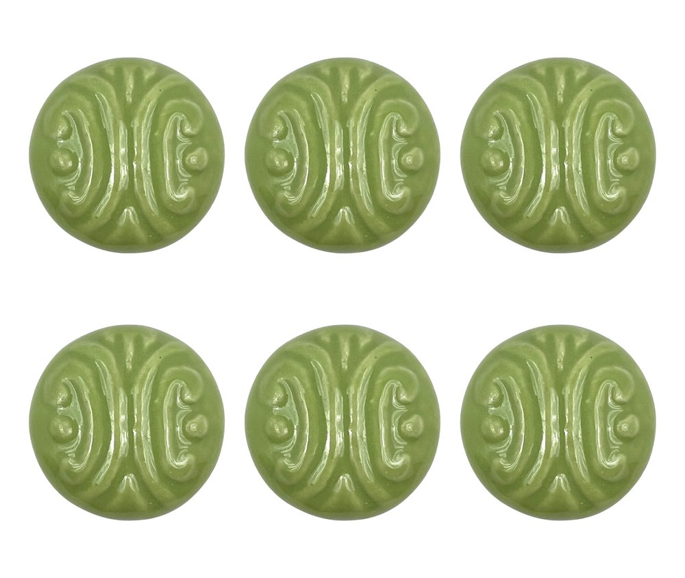 Set of Six Green Mushroom Knob Embossed Ceramic Drawer Pull Knobs