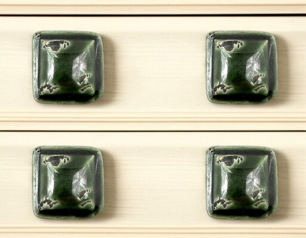 Set of Six Green Square Knob Ceramic Drawer Pull Knobs