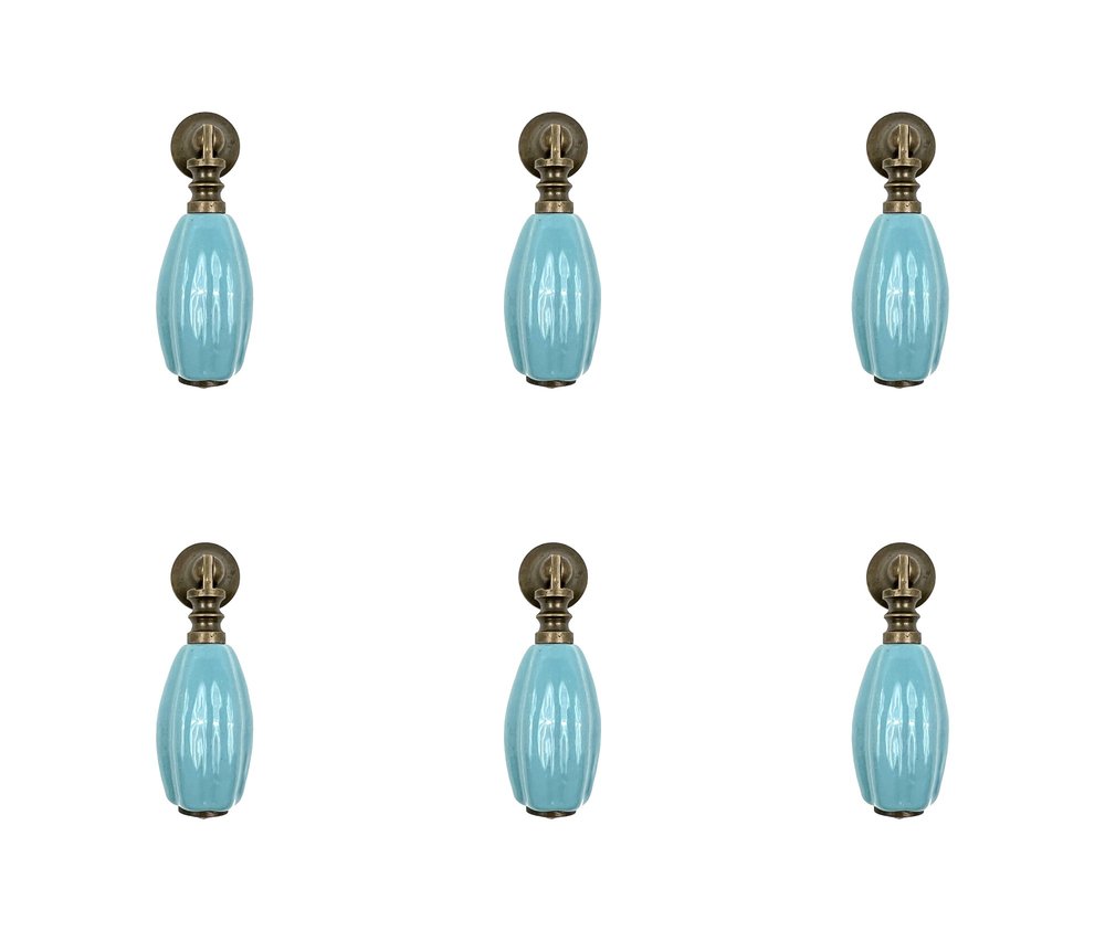 Set of Six Aqua And Brown Oval Knob Ceramic Drawer Pull Knobs