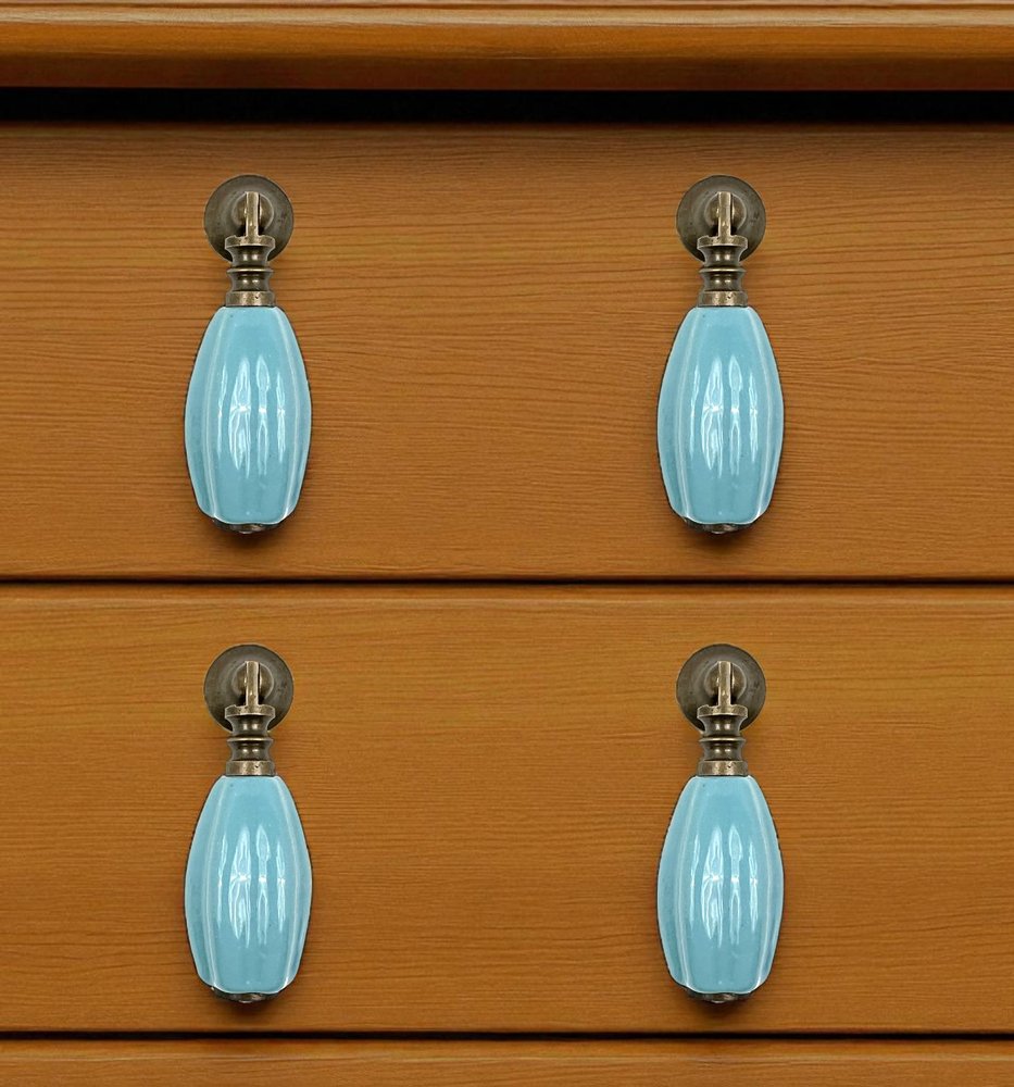 Set of Six Aqua And Brown Oval Knob Ceramic Drawer Pull Knobs