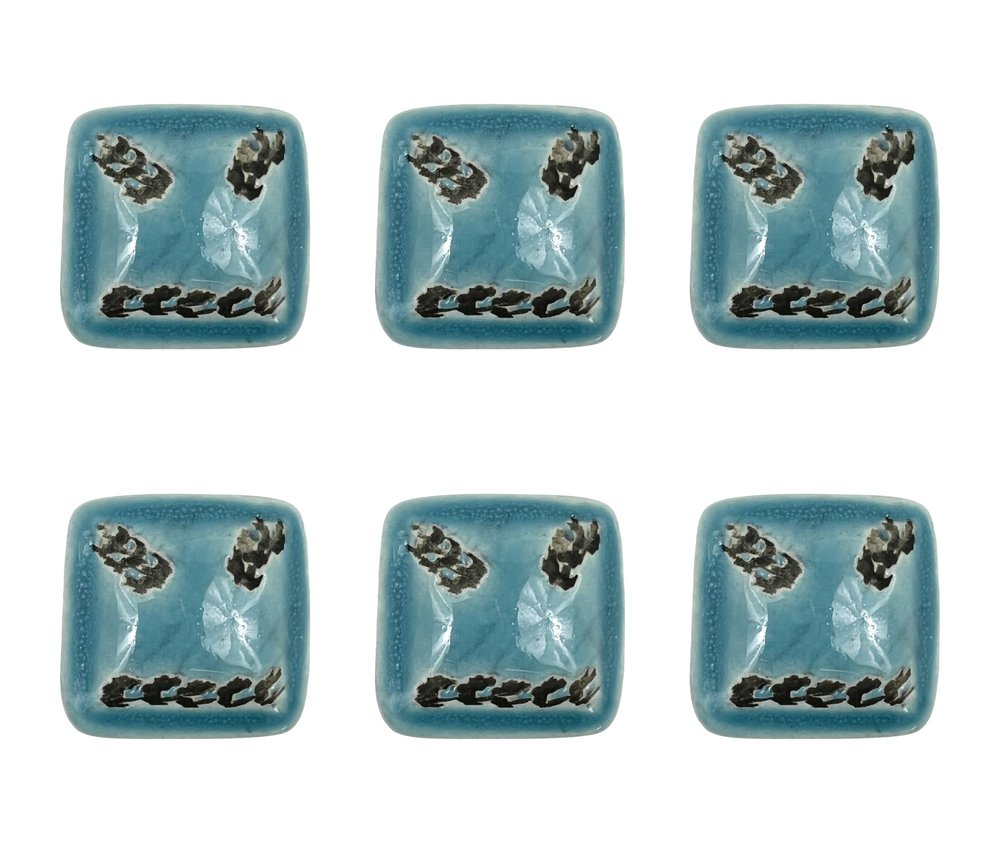 Set of Six Teal Square Knob Ceramic Drawer Pull Knobs