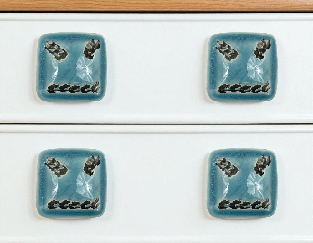 Set of Six Teal Square Knob Ceramic Drawer Pull Knobs