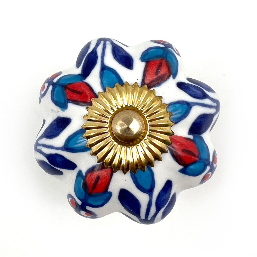 Set of Six Blue Red And White Floral Knob Ceramic Drawer Pull Knobs