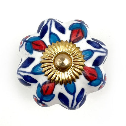 Set of Six Blue Red And White Floral Knob Ceramic Drawer Pull Knobs