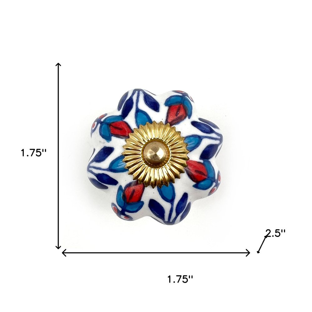 Set of Six Blue Red And White Floral Knob Ceramic Drawer Pull Knobs