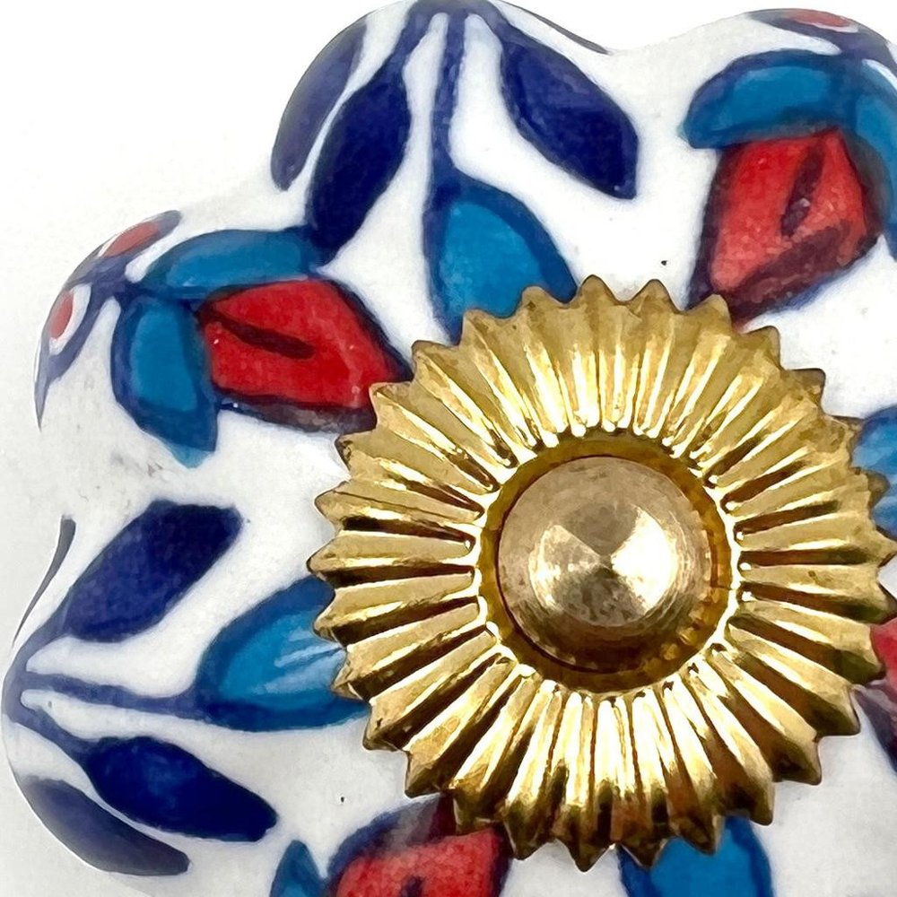 Set of Six Blue Red And White Floral Knob Ceramic Drawer Pull Knobs