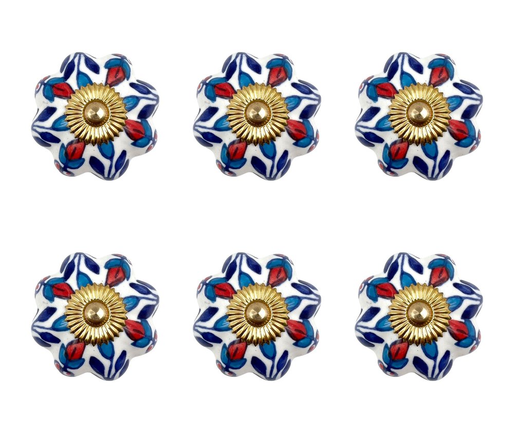 Set of Six Blue Red And White Floral Knob Ceramic Drawer Pull Knobs
