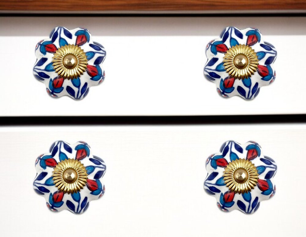 Set of Six Blue Red And White Floral Knob Ceramic Drawer Pull Knobs