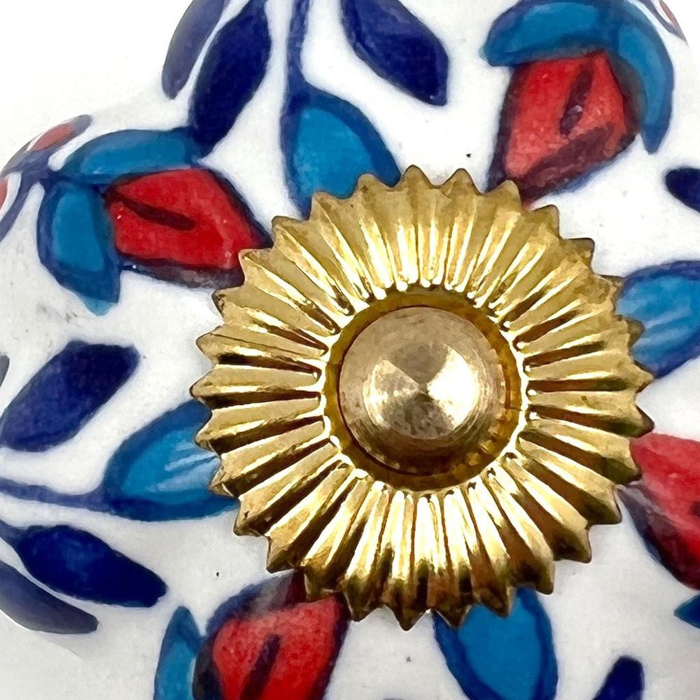 Set of Six Blue Red And White Floral Knob Ceramic Drawer Pull Knobs