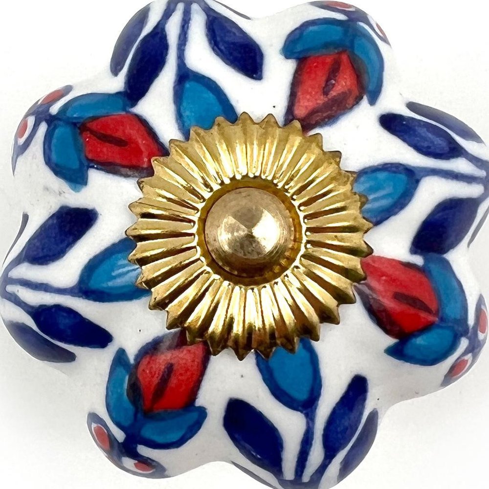 Set of Six Blue Red And White Floral Knob Ceramic Drawer Pull Knobs