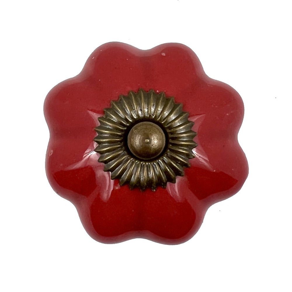 Set of Six Red Floral Knob Ceramic Drawer Pull Knobs