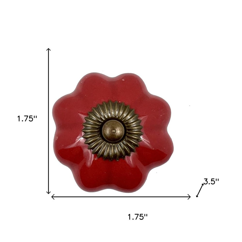 Set of Six Red Floral Knob Ceramic Drawer Pull Knobs