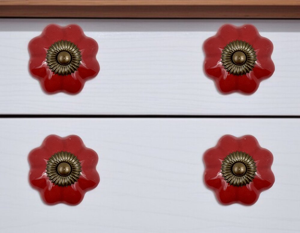 Set of Six Red Floral Knob Ceramic Drawer Pull Knobs