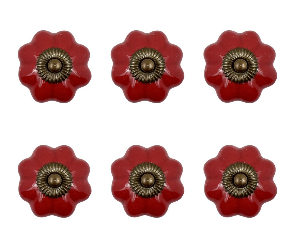 Set of Six Red Floral Knob Ceramic Drawer Pull Knobs