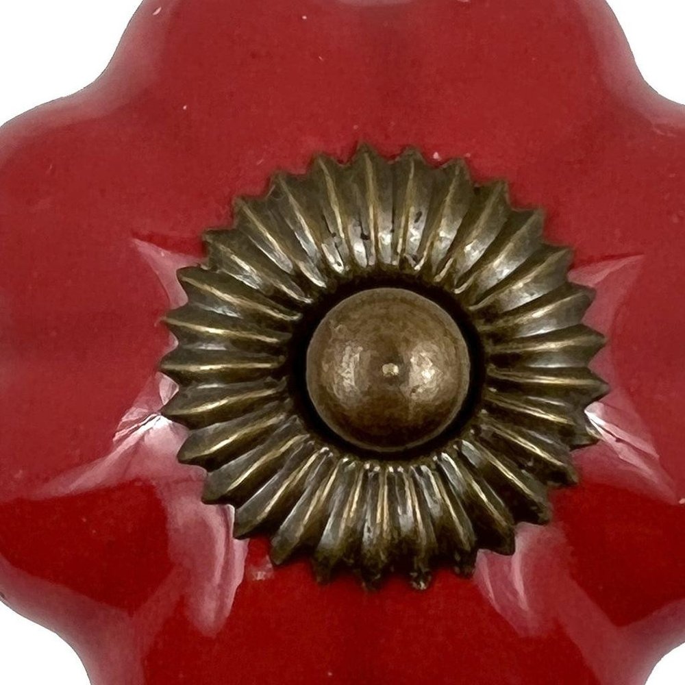 Set of Six Red Floral Knob Ceramic Drawer Pull Knobs