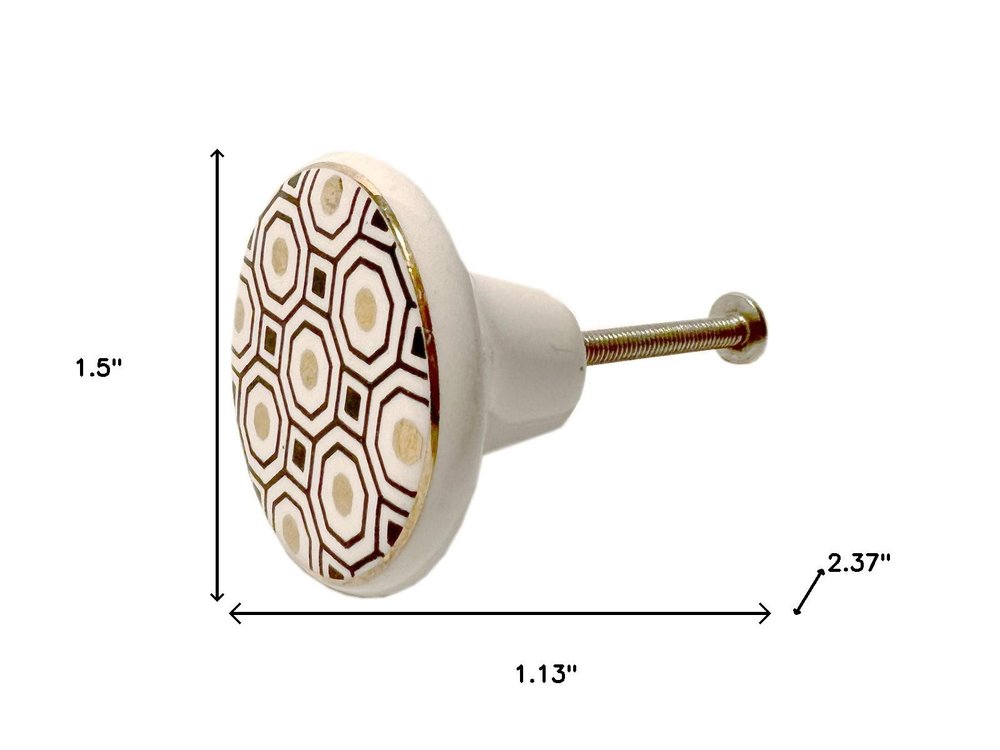 Set of Six Gold Silver And White Geometric Ceramic Drawer Pull Knobs
