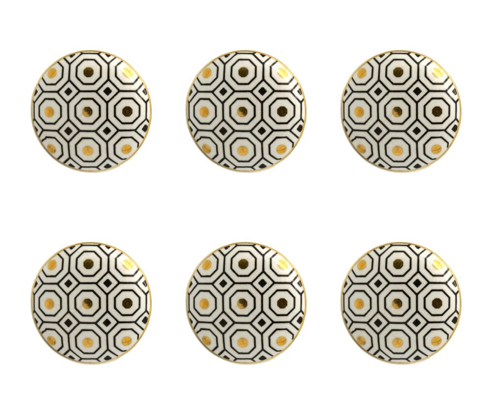 Set of Six Gold Silver And White Geometric Ceramic Drawer Pull Knobs