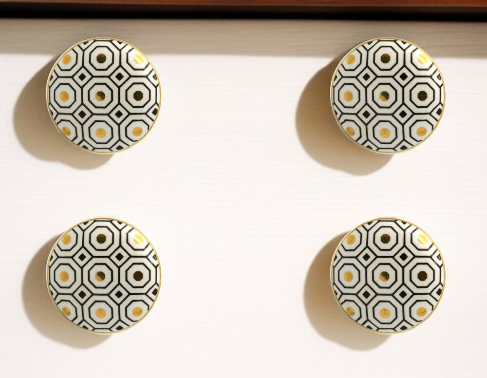 Set of Six Gold Silver And White Geometric Ceramic Drawer Pull Knobs
