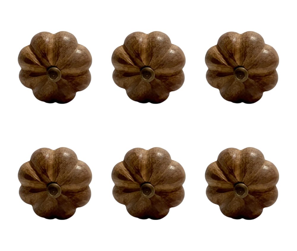 Set of Six Brown Floral Knob Wood Drawer Pull Knobs
