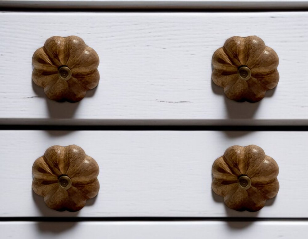 Set of Six Brown Floral Knob Wood Drawer Pull Knobs
