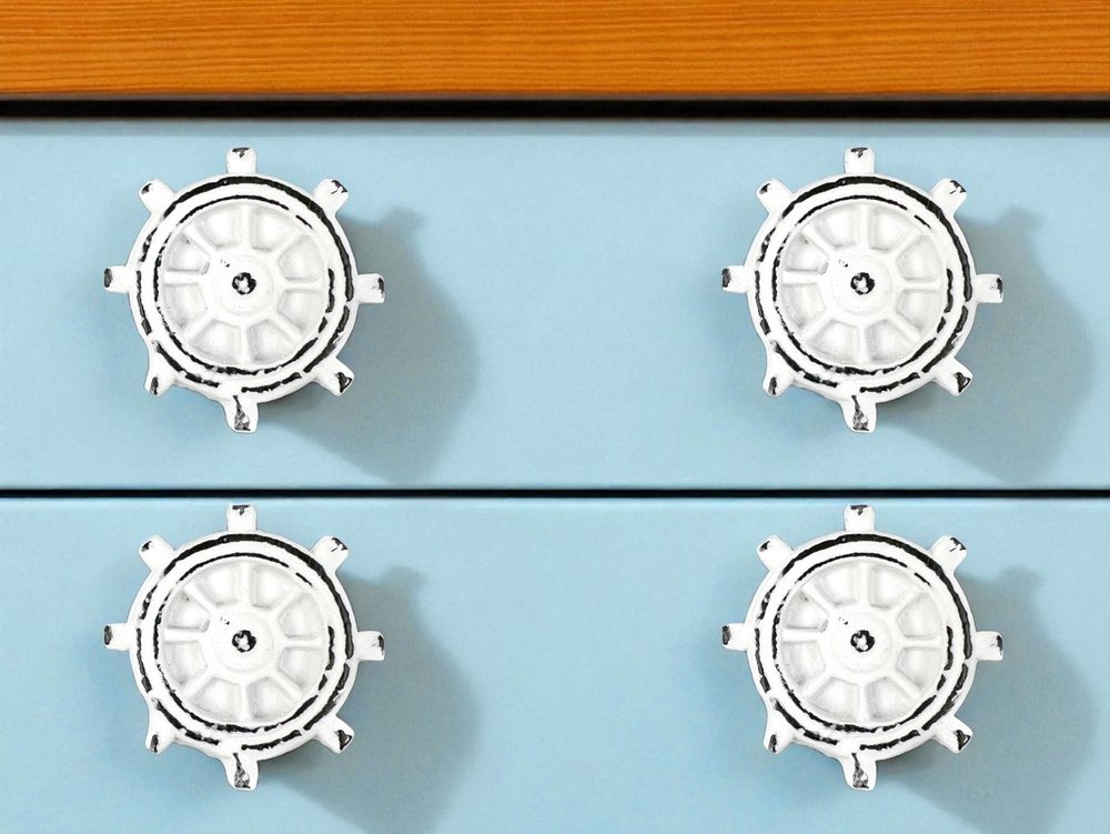 Set of Six White Iron Drawer Pull Knobs