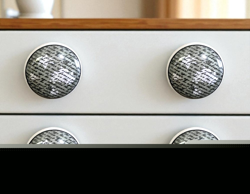 Set of Six White Poetic Script Ceramic Drawer Pull Knobs