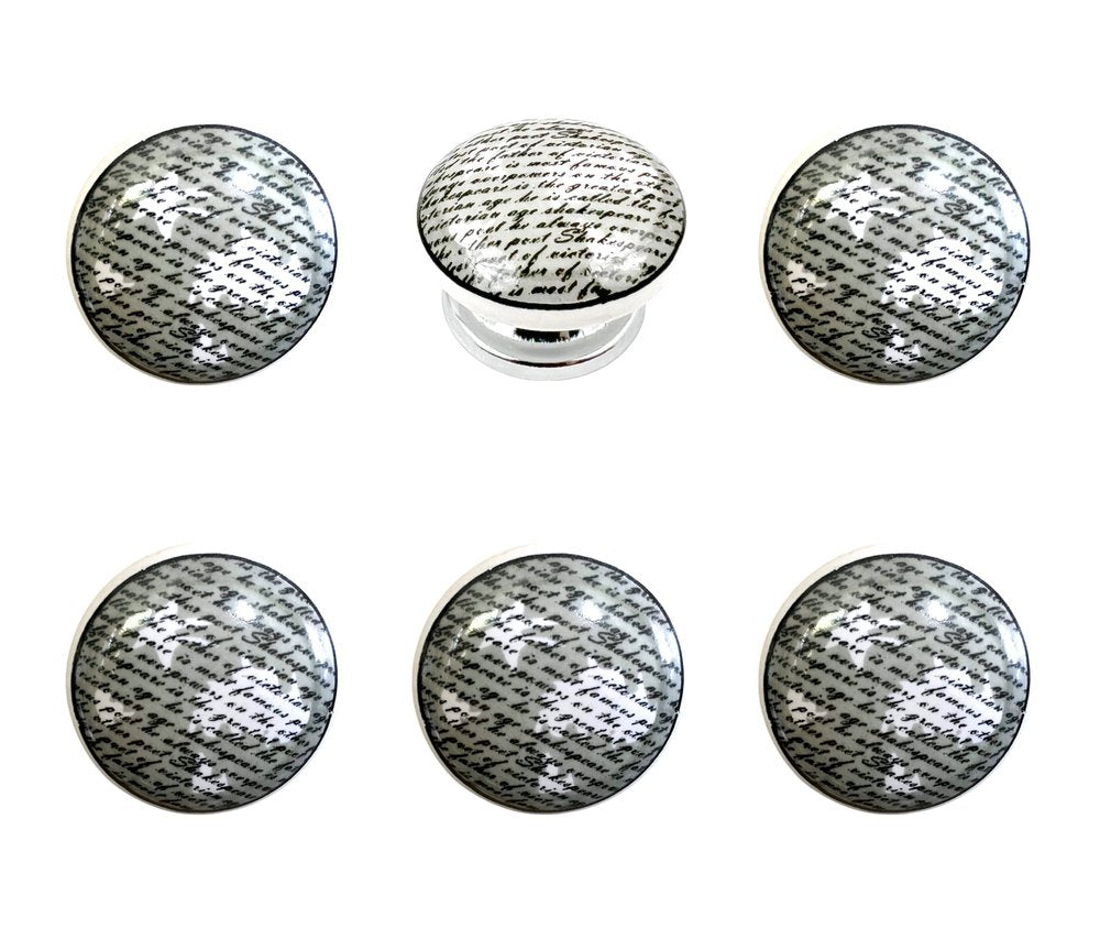 Set of Six White Poetic Script Ceramic Drawer Pull Knobs