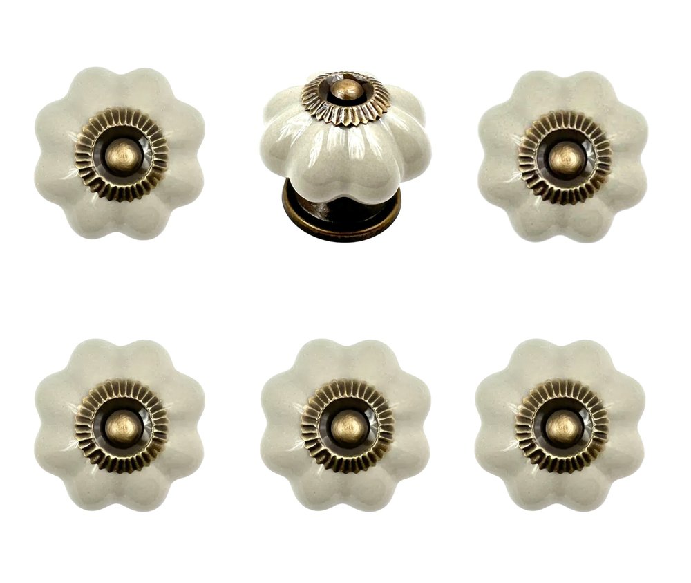 Set of Six Gray Floral Knob Ceramic Drawer Pull Knobs