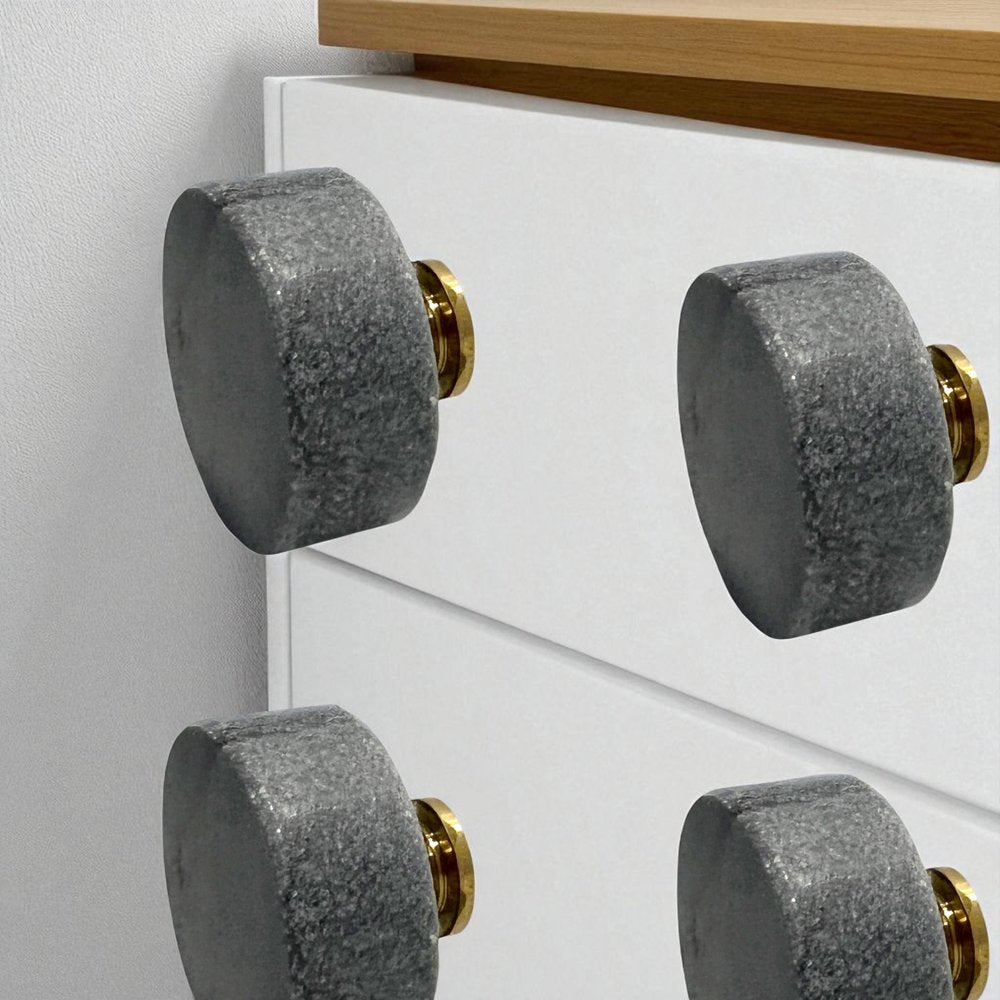 Set of Six Gray Disc Knob Stone Drawer Pull Knobs