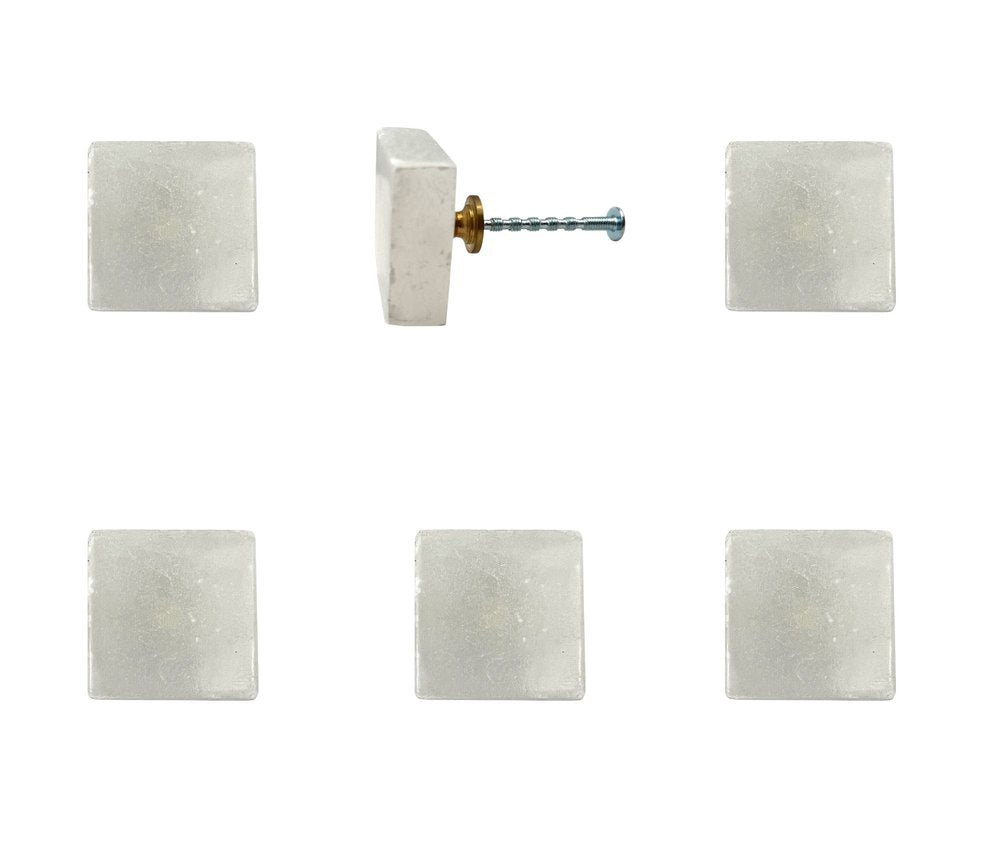 Set of Six White Square Knob Stone Drawer Pull Knobs