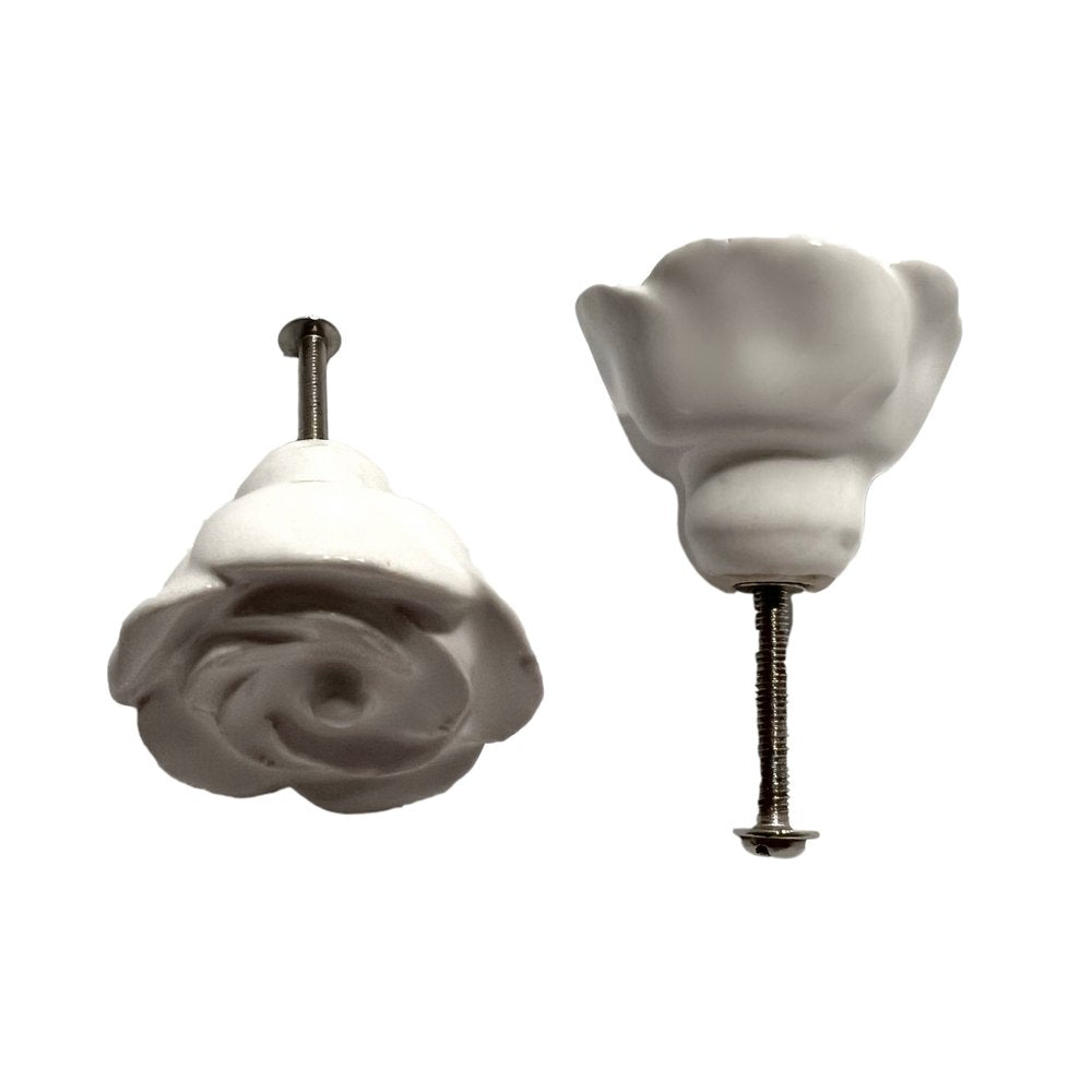 Set of Six White Ceramic Flower Shape Drawer Pull Knobs