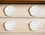 Set of Six White Ceramic Flower Shape Drawer Pull Knobs