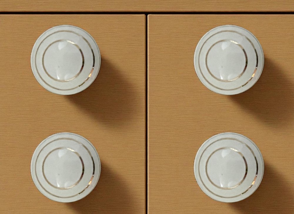 Set of Six White And Gold Geometric Ceramic Drawer Pull Knobs