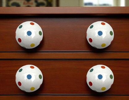 Set of Six Blue Green Off White And Red Polka Dots Ceramic Drawer Pull Knobs