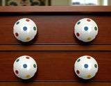 Set of Six Blue Green Off White And Red Polka Dots Ceramic Drawer Pull Knobs