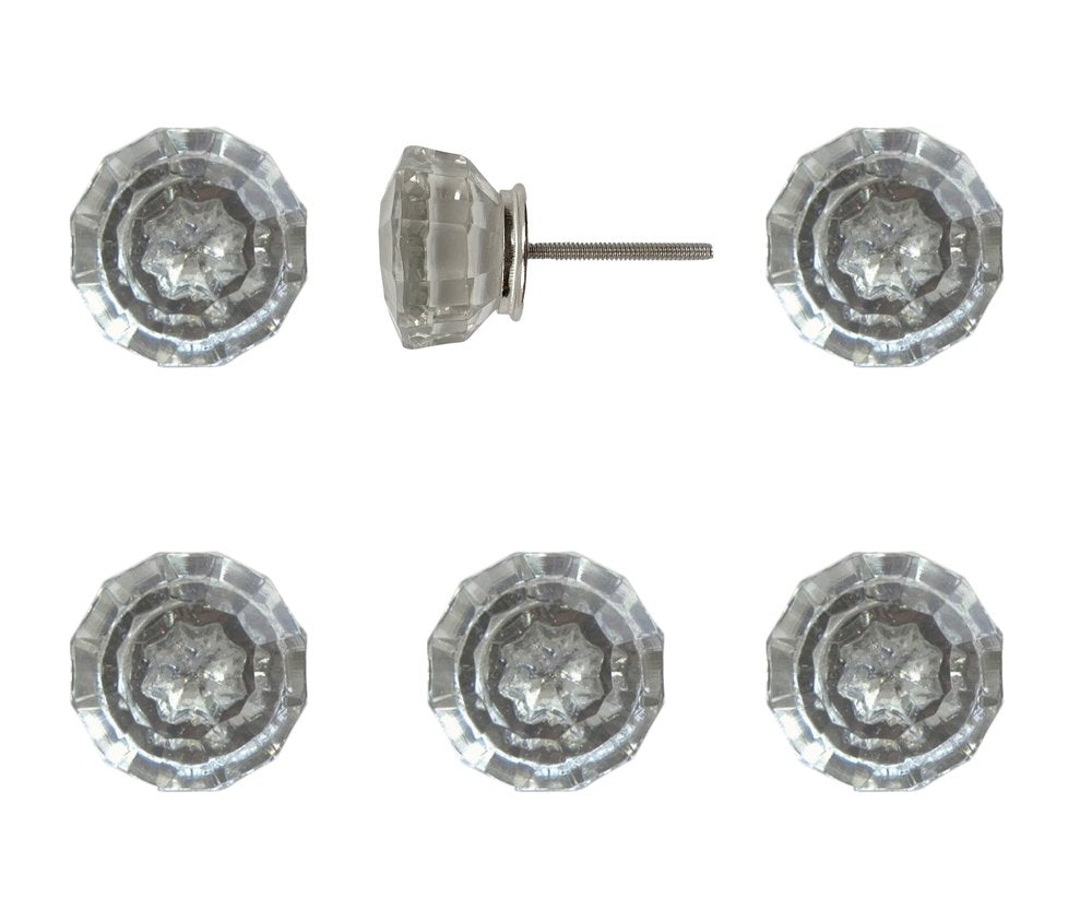 Set of Six Clear Glass Drawer Pull Knobs