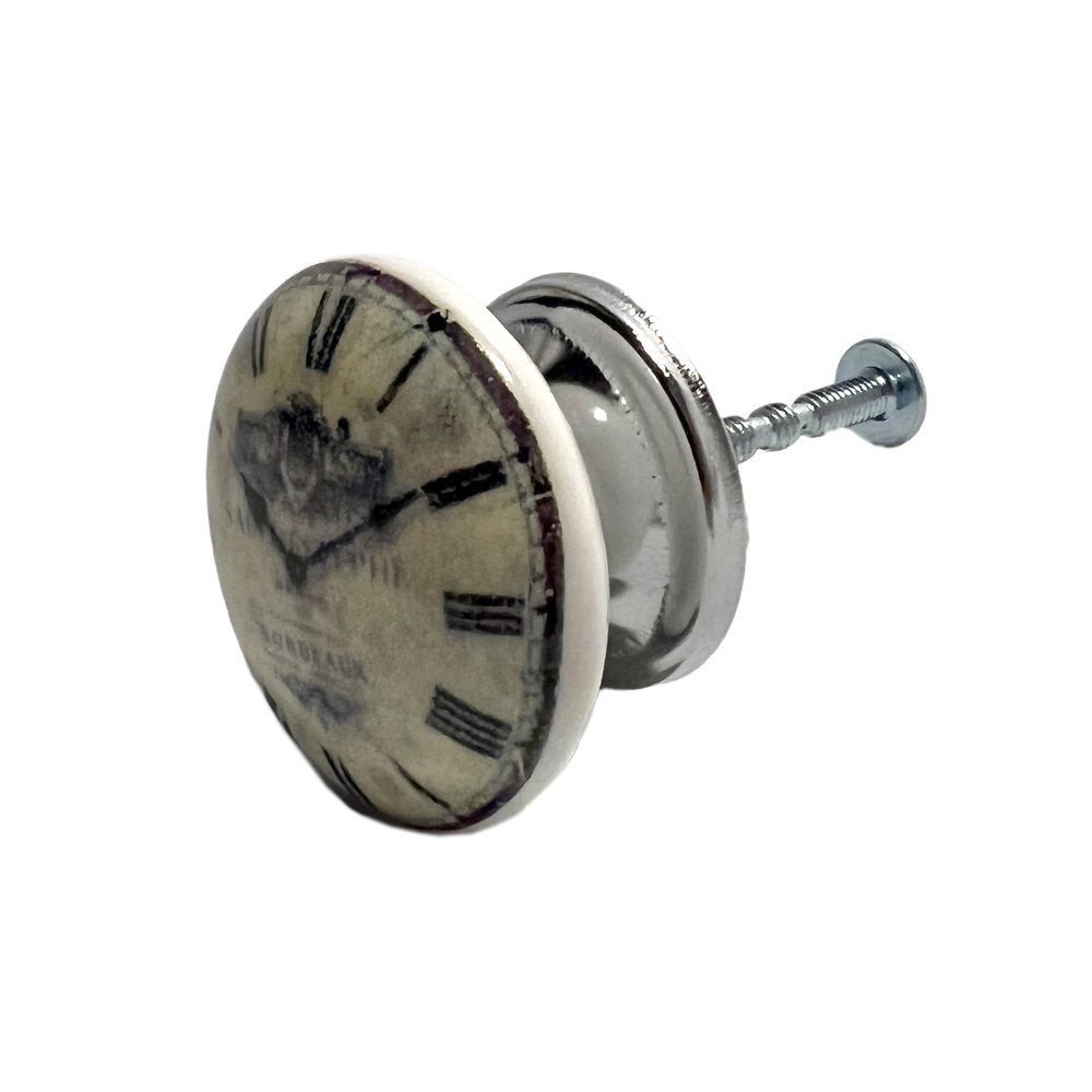 Set of Six Black And White Clock Face Ceramic Drawer Pull Knobs