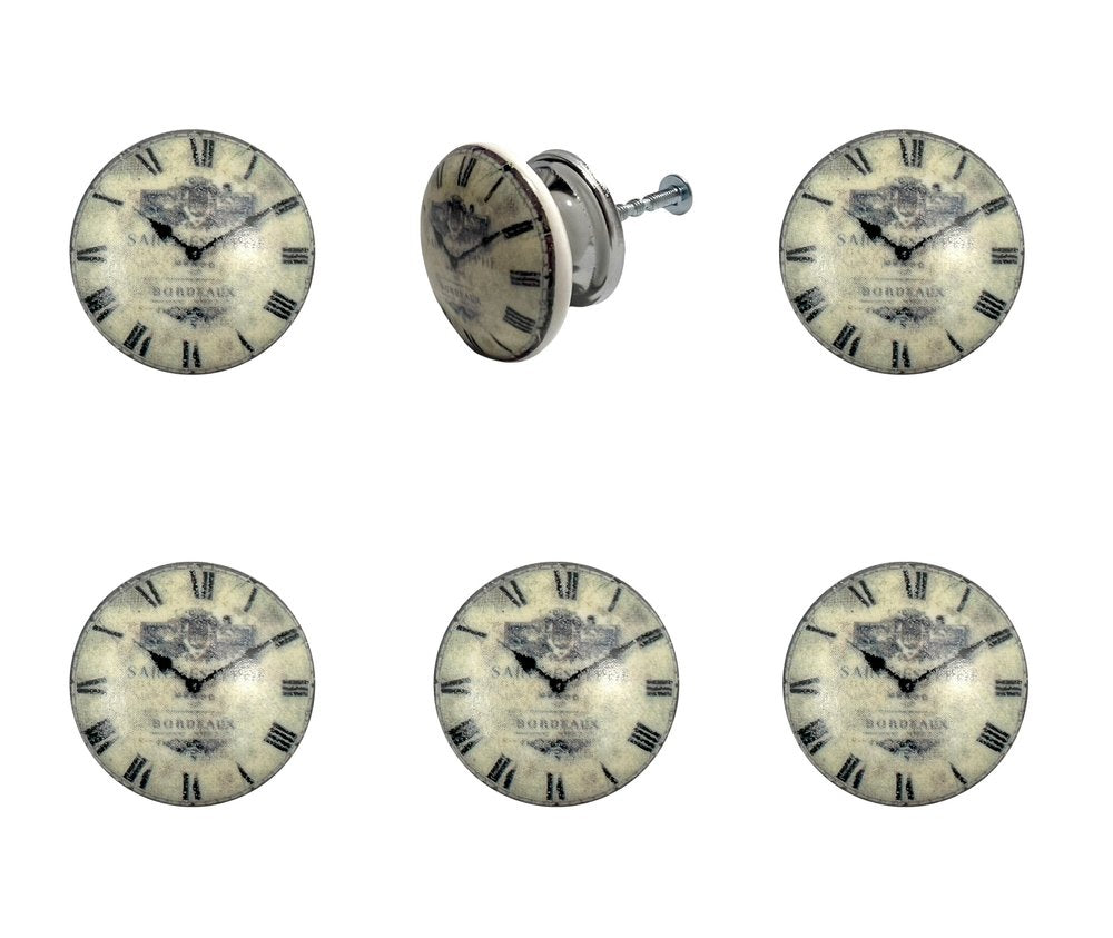 Set of Six Black And White Clock Face Ceramic Drawer Pull Knobs