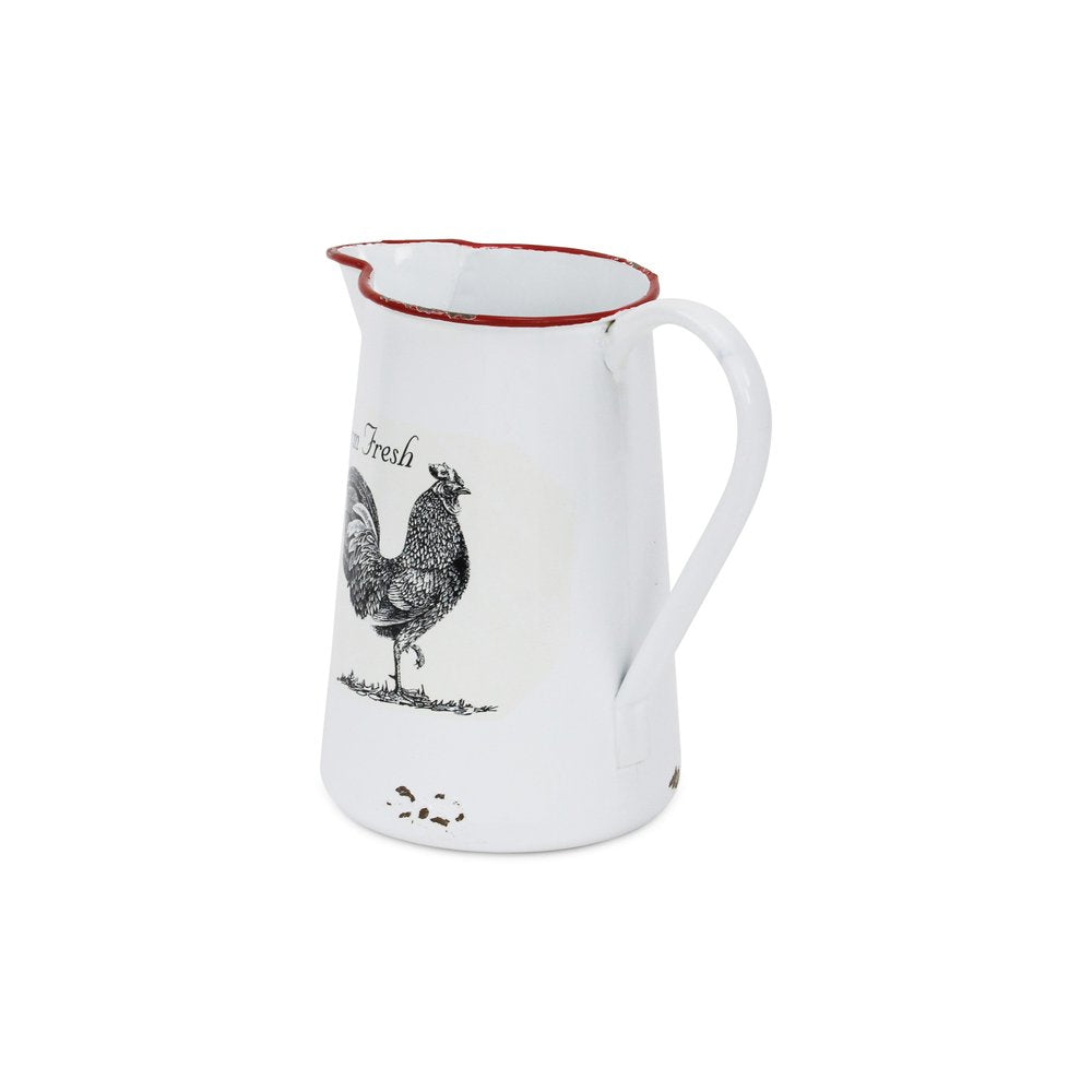 8" Black And White Metal Farm Fresh Chicken Decorative Jug
