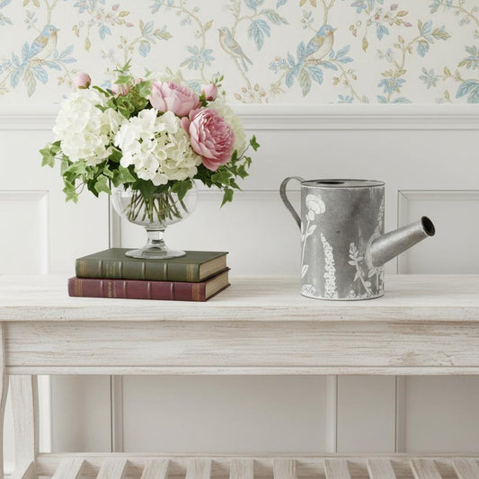 8" Gray Metal Flowers Hand Painted Decorative Canister