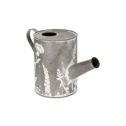 8" Gray And White Galvanized Metal Flowers Hand Painted Decorative Watering Can