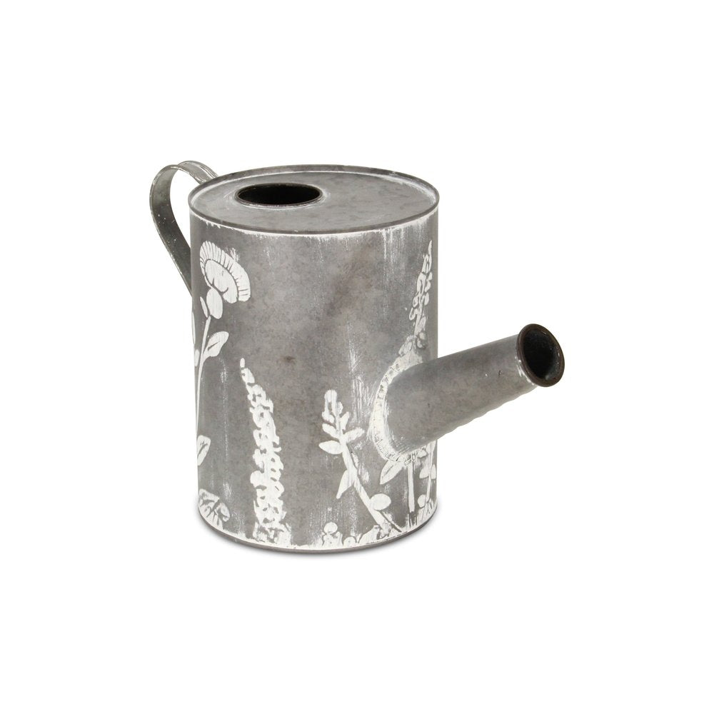 8" Gray And White Galvanized Metal Flowers Hand Painted Decorative Watering Can
