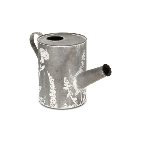 8" Gray And White Galvanized Metal Flowers Hand Painted Decorative Watering Can